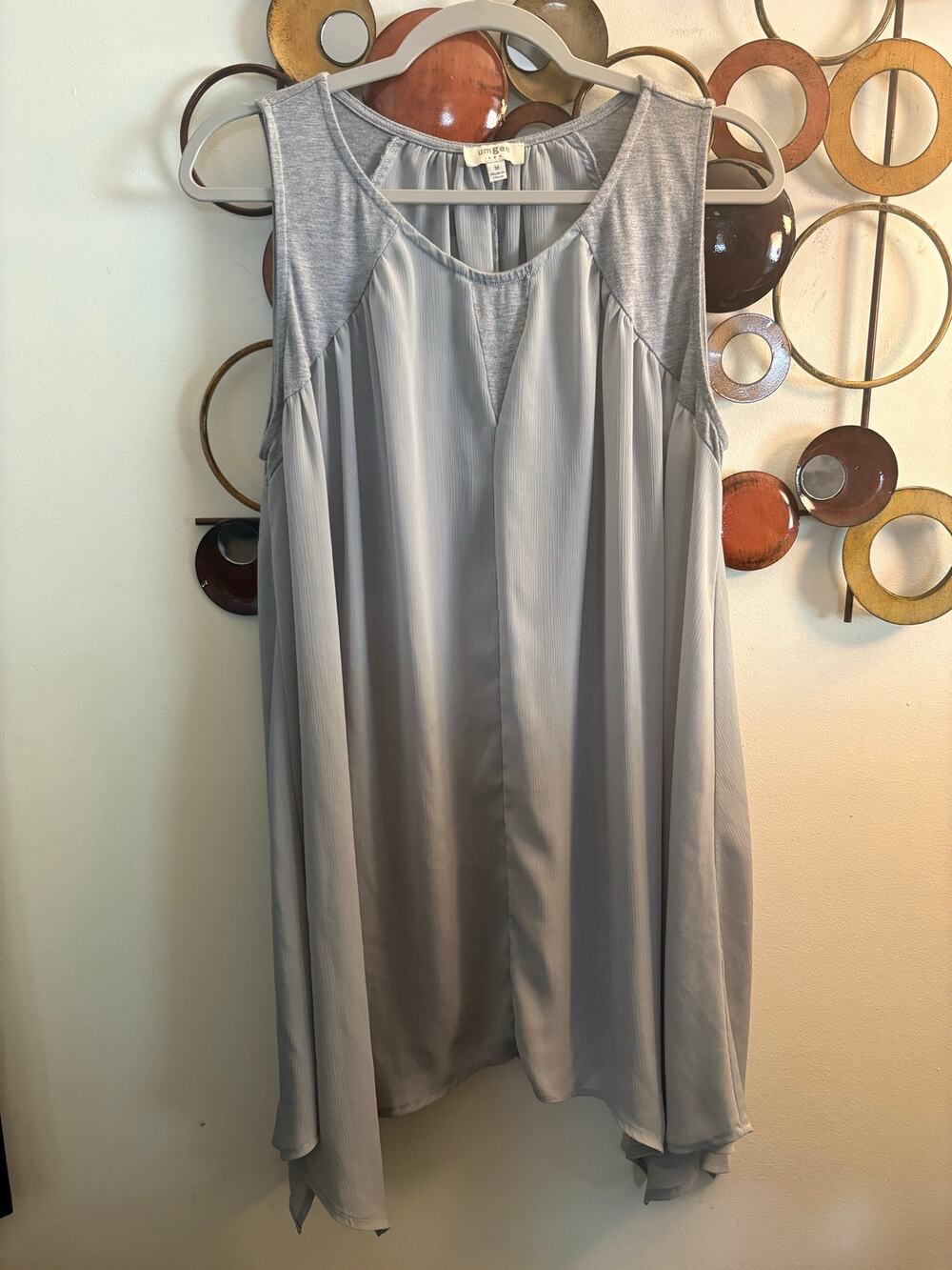 D68 Umgee medium sleeveless dress with gray shoulders  and light sage green